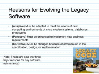 Reasons for Evolving the Legacy
Software
• (Adaptive) Must be adapted to meet the needs of new
computing environments or more modern systems, databases,
or networks
• (Perfective) Must be enhanced to implement new business
requirements
• (Corrective) Must be changed because of errors found in the
specification, design, or implementation
(Note: These are also the three
major reasons for any software
maintenance)
 