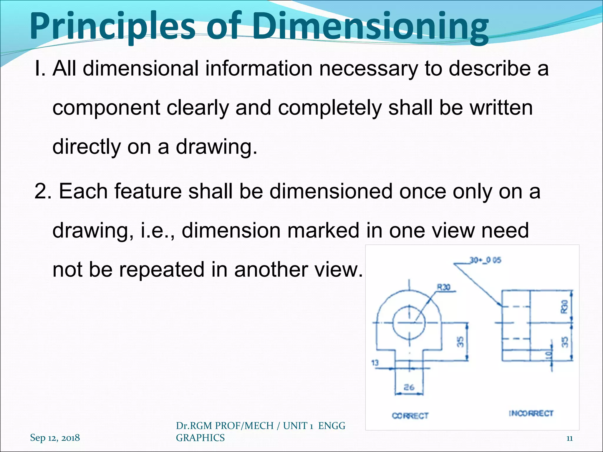 Principles of Dimensioning
I. All dimensional information necessary to describe a
component clearly and completely shall be written
directly on a drawing.
2. Each feature shall be dimensioned once only on a
drawing, i.e., dimension marked in one view need
not be repeated in another view.
Sep 12, 2018
Dr.RGM PROF/MECH / UNIT 1 ENGG
GRAPHICS 11
 