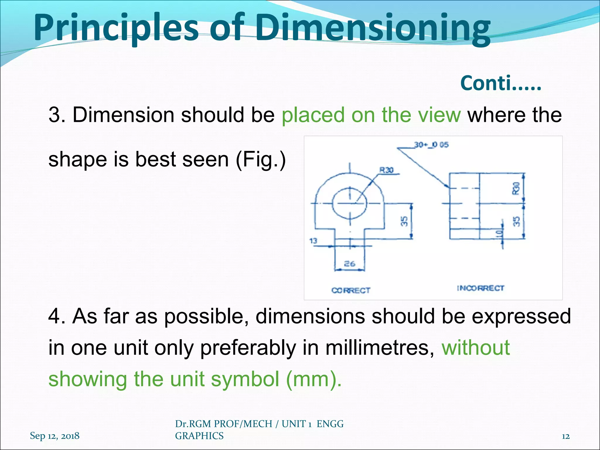 Principles of Dimensioning
Conti.....
3. Dimension should be placed on the view where the
shape is best seen (Fig.)
4. As far as possible, dimensions should be expressed
in one unit only preferably in millimetres, without
showing the unit symbol (mm).
Sep 12, 2018
Dr.RGM PROF/MECH / UNIT 1 ENGG
GRAPHICS 12
 