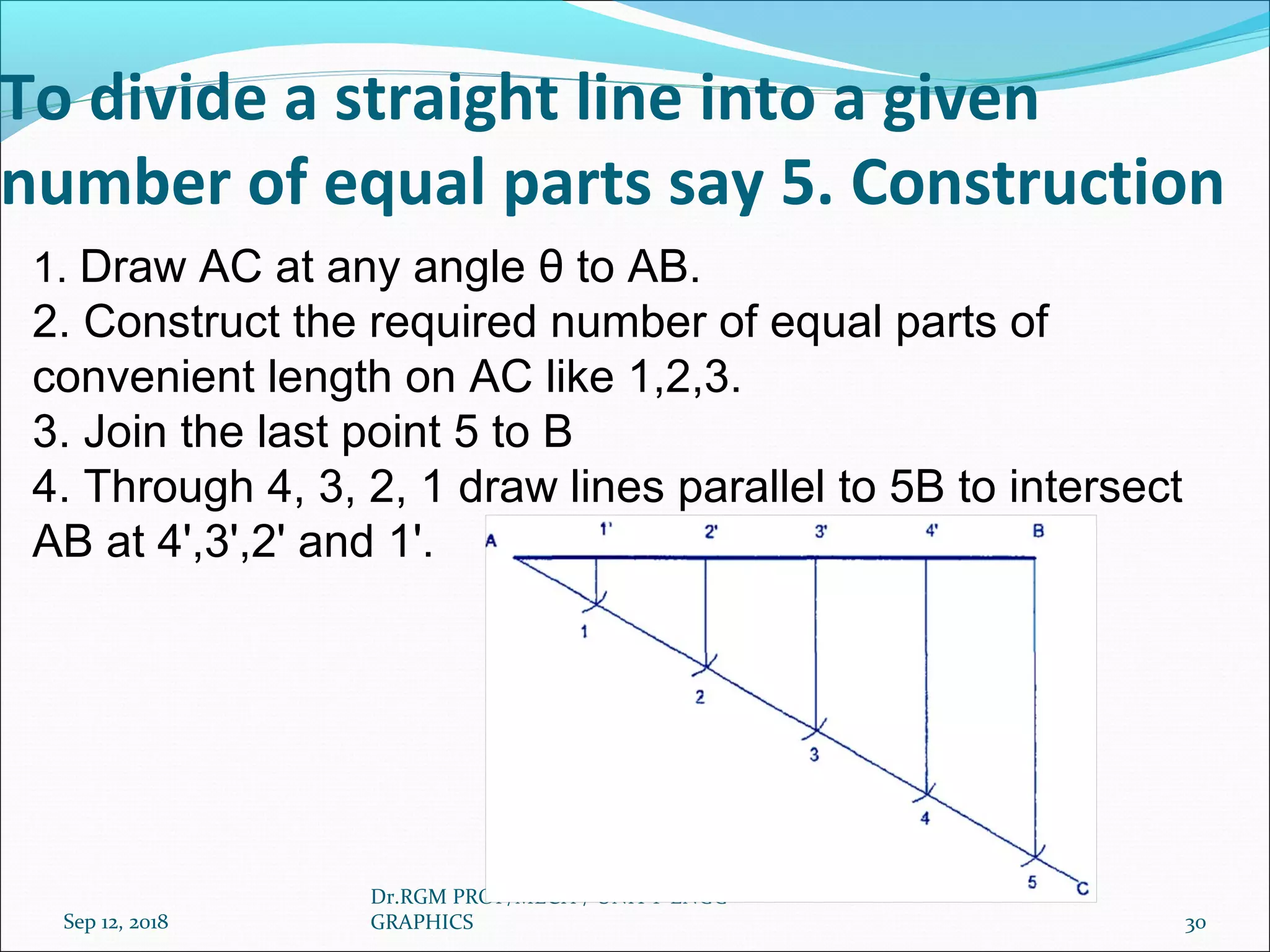 To divide a straight line into a given
number of equal parts say 5. Construction
Sep 12, 2018
Dr.RGM PROF/MECH / UNIT 1 ENGG
GRAPHICS 30
1. Draw AC at any angle θ to AB.
2. Construct the required number of equal parts of
convenient length on AC like 1,2,3.
3. Join the last point 5 to B
4. Through 4, 3, 2, 1 draw lines parallel to 5B to intersect
AB at 4',3',2' and 1'.
 