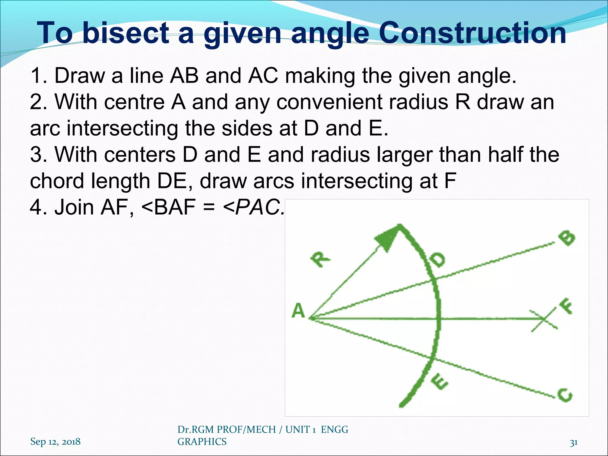 Sep 12, 2018
Dr.RGM PROF/MECH / UNIT 1 ENGG
GRAPHICS 31
1. Draw a line AB and AC making the given angle.
2. With centre A and any convenient radius R draw an
arc intersecting the sides at D and E.
3. With centers D and E and radius larger than half the
chord length DE, draw arcs intersecting at F
4. Join AF, <BAF = <PAC.
To bisect a given angle Construction
 