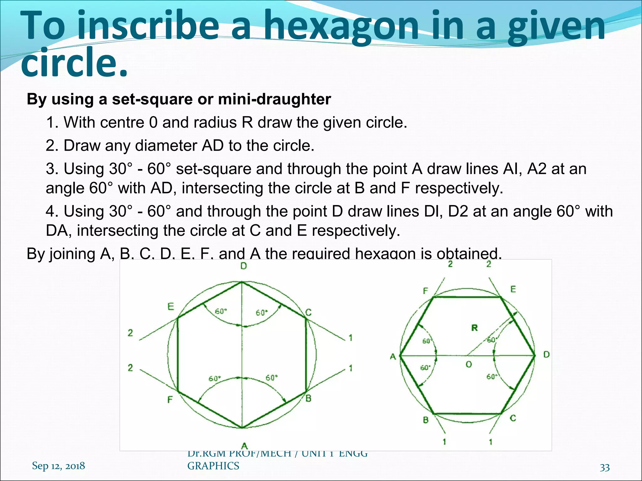 To inscribe a hexagon in a given
circle.
By using a set-square or mini-draughter
1. With centre 0 and radius R draw the given circle.
2. Draw any diameter AD to the circle.
3. Using 30° - 60° set-square and through the point A draw lines AI, A2 at an
angle 60° with AD, intersecting the circle at B and F respectively.
4. Using 30° - 60° and through the point D draw lines Dl, D2 at an angle 60° with
DA, intersecting the circle at C and E respectively.
By joining A, B, C, D, E, F, and A the required hexagon is obtained.
Sep 12, 2018
Dr.RGM PROF/MECH / UNIT 1 ENGG
GRAPHICS 33
 