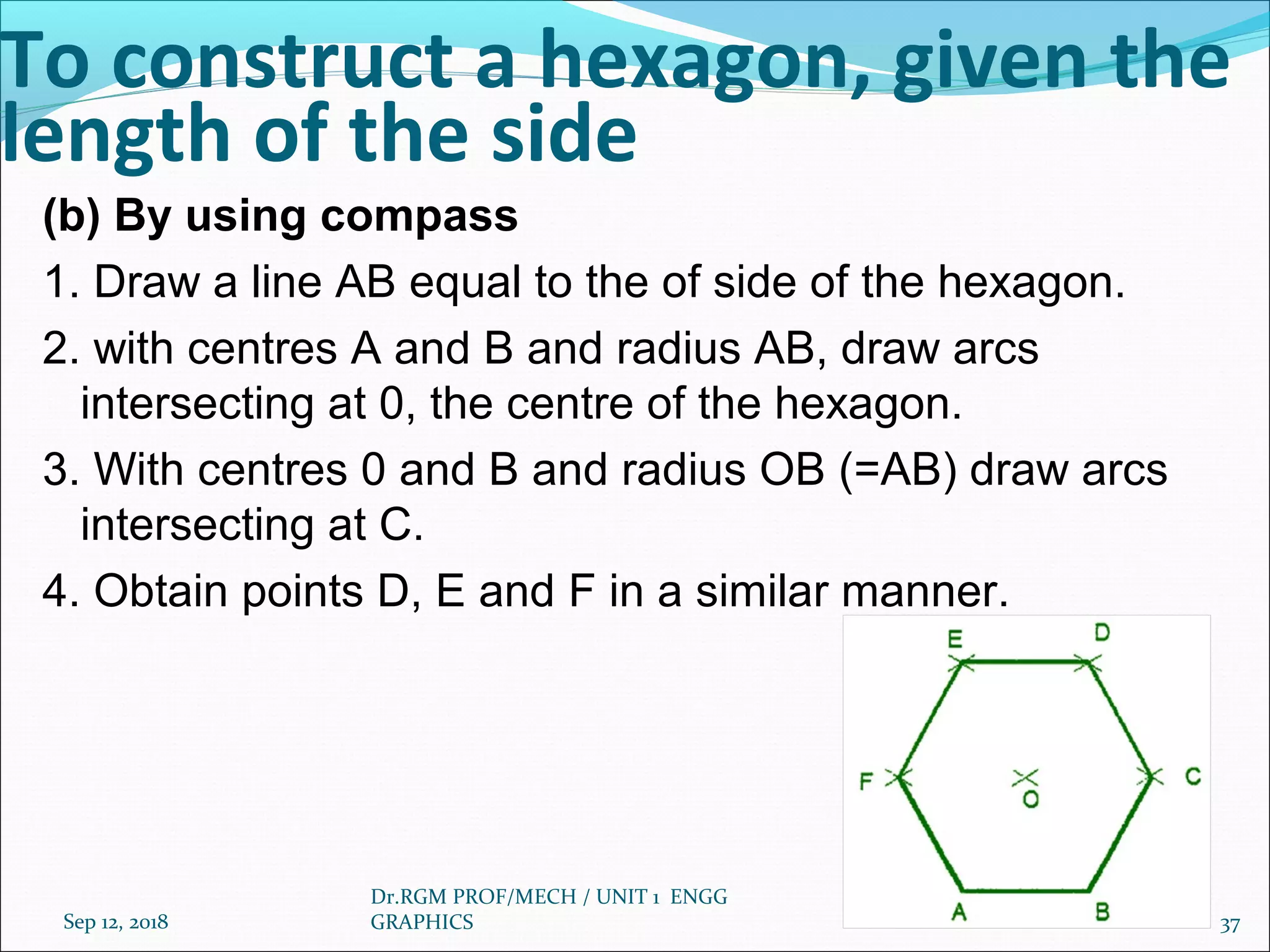 To construct a hexagon, given the
length of the side
(b) By using compass
1. Draw a line AB equal to the of side of the hexagon.
2. with centres A and B and radius AB, draw arcs
intersecting at 0, the centre of the hexagon.
3. With centres 0 and B and radius OB (=AB) draw arcs
intersecting at C.
4. Obtain points D, E and F in a similar manner.
Sep 12, 2018
Dr.RGM PROF/MECH / UNIT 1 ENGG
GRAPHICS 37
 