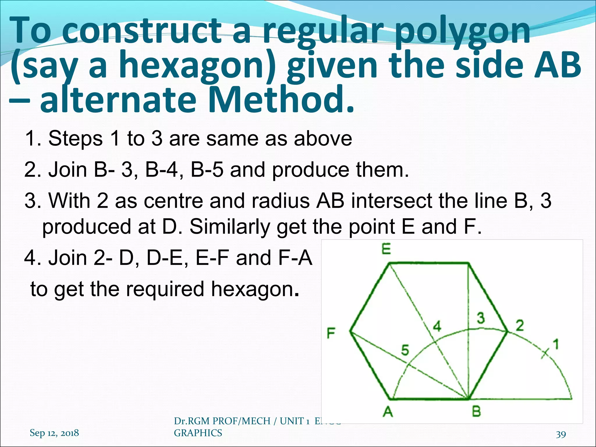 To construct a regular polygon
(say a hexagon) given the side AB
– alternate Method.
1. Steps 1 to 3 are same as above
2. Join B- 3, B-4, B-5 and produce them.
3. With 2 as centre and radius AB intersect the line B, 3
produced at D. Similarly get the point E and F.
4. Join 2- D, D-E, E-F and F-A
to get the required hexagon.
Sep 12, 2018
Dr.RGM PROF/MECH / UNIT 1 ENGG
GRAPHICS 39
 