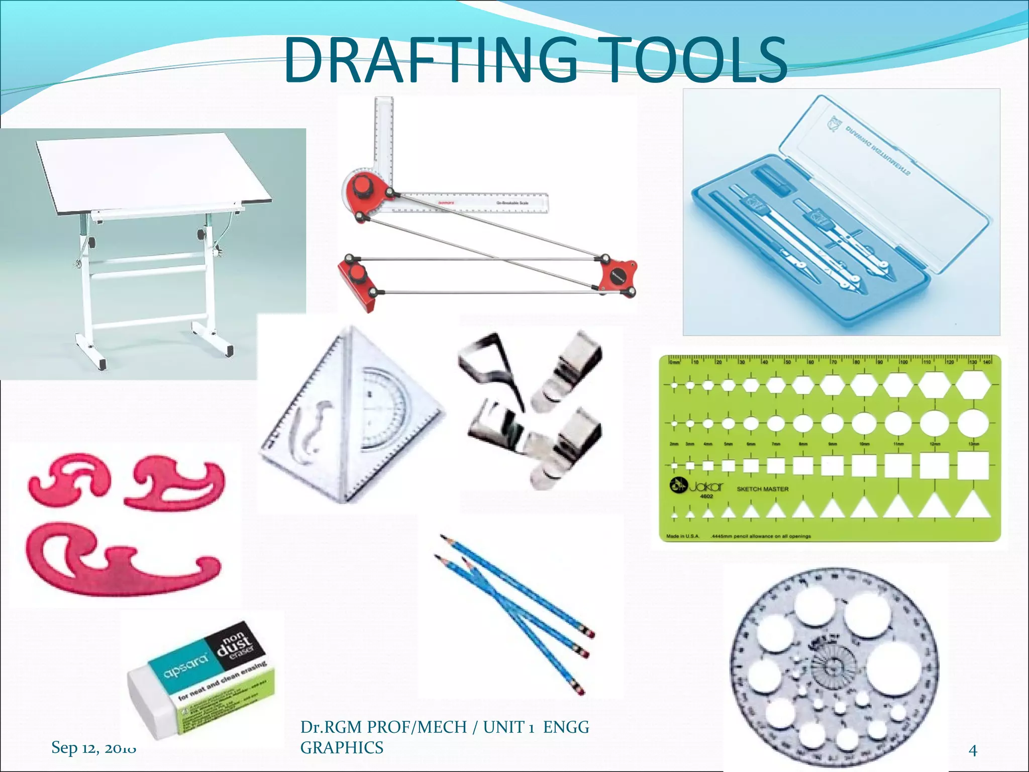 DRAFTING TOOLS
Sep 12, 2018
Dr.RGM PROF/MECH / UNIT 1 ENGG
GRAPHICS 4
 