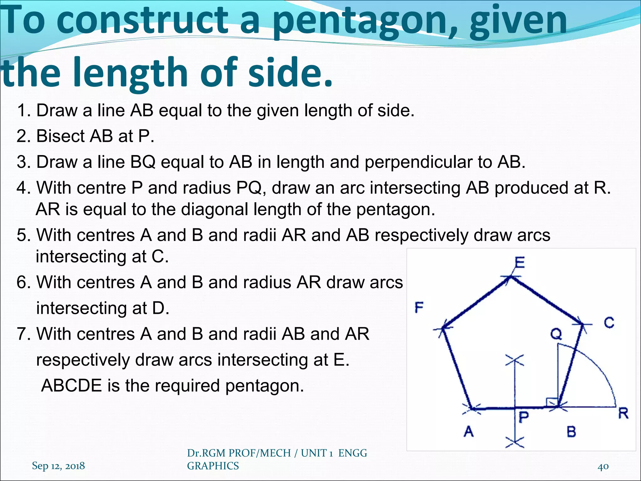 To construct a pentagon, given
the length of side.
1. Draw a line AB equal to the given length of side.
2. Bisect AB at P.
3. Draw a line BQ equal to AB in length and perpendicular to AB.
4. With centre P and radius PQ, draw an arc intersecting AB produced at R.
AR is equal to the diagonal length of the pentagon.
5. With centres A and B and radii AR and AB respectively draw arcs
intersecting at C.
6. With centres A and B and radius AR draw arcs
intersecting at D.
7. With centres A and B and radii AB and AR
respectively draw arcs intersecting at E.
ABCDE is the required pentagon.
Sep 12, 2018
Dr.RGM PROF/MECH / UNIT 1 ENGG
GRAPHICS 40
 