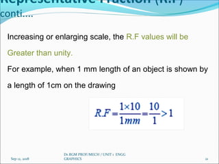 Representative Fraction (R.F)
conti....
Increasing or enlarging scale, the R.F values will be
Greater than unity.
For example, when 1 mm length of an object is shown by
a length of 1cm on the drawing
Sep 12, 2018
Dr.RGM PROF/MECH / UNIT 1 ENGG
GRAPHICS 21
 