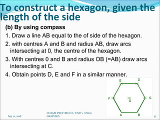 To construct a hexagon, given the
length of the side
(b) By using compass
1. Draw a line AB equal to the of side of the hexagon.
2. with centres A and B and radius AB, draw arcs
intersecting at 0, the centre of the hexagon.
3. With centres 0 and B and radius OB (=AB) draw arcs
intersecting at C.
4. Obtain points D, E and F in a similar manner.
Sep 12, 2018
Dr.RGM PROF/MECH / UNIT 1 ENGG
GRAPHICS 37
 