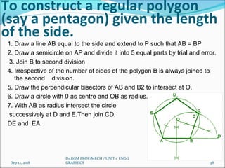 To construct a regular polygon
(say a pentagon) given the length
of the side.
1. Draw a line AB equal to the side and extend to P such that AB = BP
2. Draw a semicircle on AP and divide it into 5 equal parts by trial and error.
3. Join B to second division
4. Irrespective of the number of sides of the polygon B is always joined to
the second division.
5. Draw the perpendicular bisectors of AB and B2 to intersect at O.
6. Draw a circle with 0 as centre and OB as radius.
7. With AB as radius intersect the circle
successively at D and E.Then join CD.
DE and EA.
Sep 12, 2018
Dr.RGM PROF/MECH / UNIT 1 ENGG
GRAPHICS 38
 