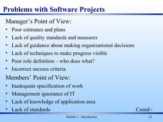 Problems with Software Projects
Manager’s Point of View:
• Poor estimates and plans
• Lack of quality standards and measures
• Lack of guidance about making organizational decisions
• Lack of techniques to make progress visible
• Poor role definition – who does what?
• Incorrect success criteria
Members’ Point of View:
• Inadequate specification of work
• Management ignorance of IT
• Lack of knowledge of application area
• Lack of standards Contd/-
Module 1 - Introduction 22
 
