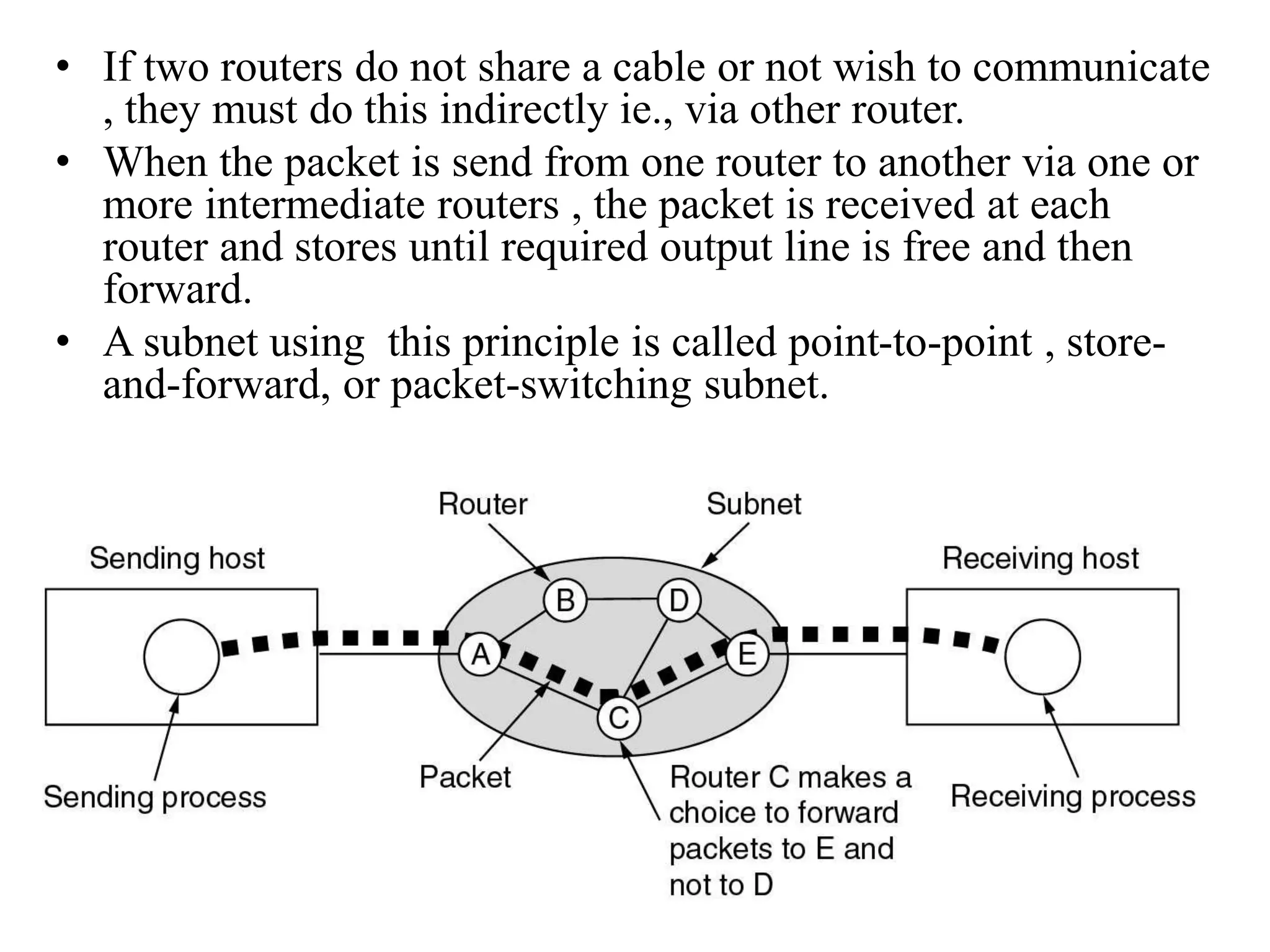 • If two routers do not share a cable or not wish to communicate , they must do this indirectly ie., via other router. • When the packet is send from one router to another via one or more intermediate routers , the packet is received at each router and stores until required output line is free and then forward. • A subnet using this principle is called point-to-point , store- and-forward, or packet-switching subnet. 