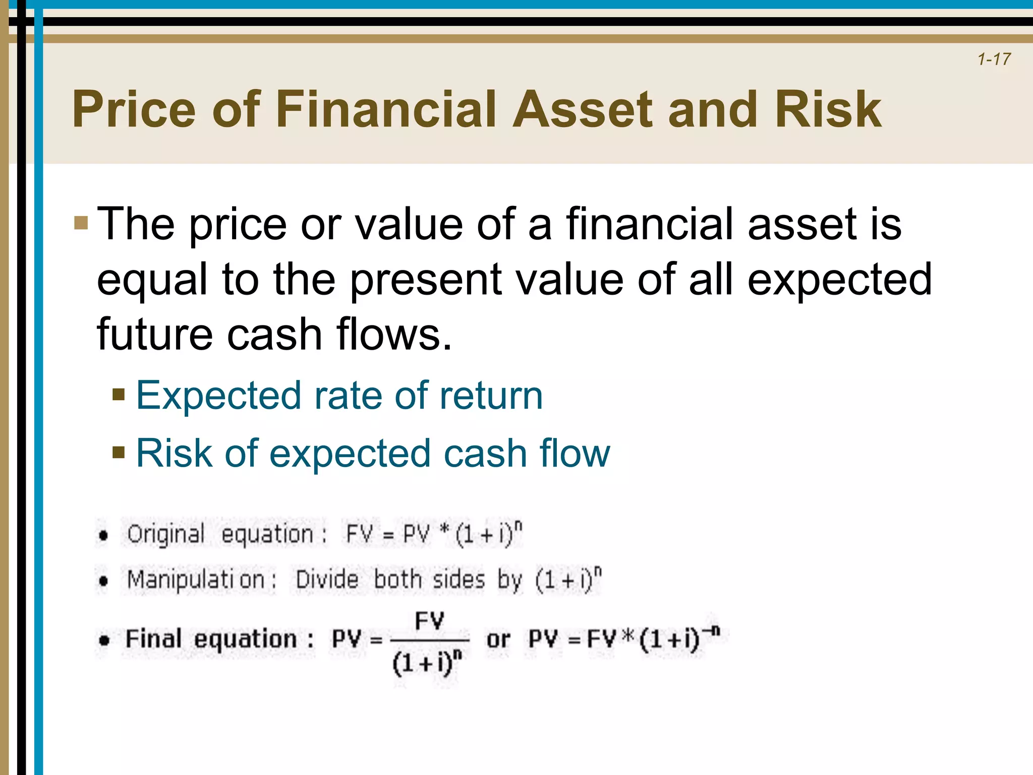 1-17
Price of Financial Asset and Risk
The price or value of a financial asset is
equal to the present value of all expected
future cash flows.
 Expected rate of return
 Risk of expected cash flow
 