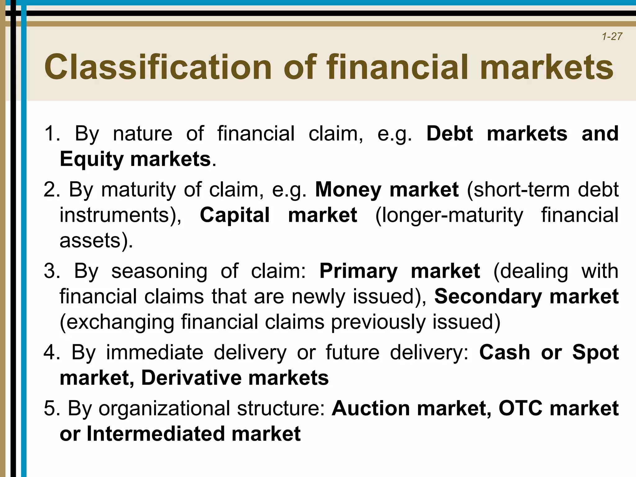 1-27
Classification of financial markets
1. By nature of financial claim, e.g. Debt markets and
Equity markets.
2. By maturity of claim, e.g. Money market (short-term debt
instruments), Capital market (longer-maturity financial
assets).
3. By seasoning of claim: Primary market (dealing with
financial claims that are newly issued), Secondary market
(exchanging financial claims previously issued)
4. By immediate delivery or future delivery: Cash or Spot
market, Derivative markets
5. By organizational structure: Auction market, OTC market
or Intermediated market
 