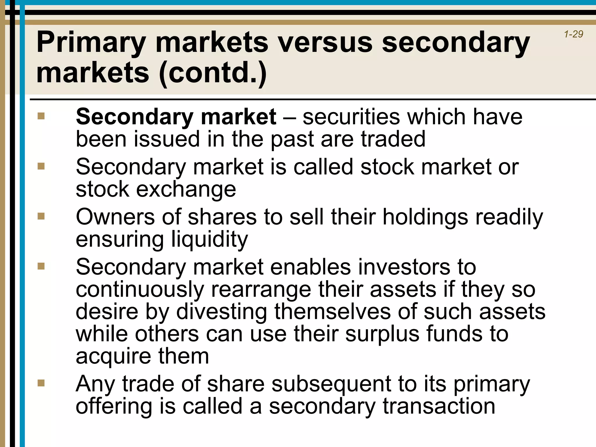 1-29
Primary markets versus secondary
markets (contd.)
 Secondary market – securities which have
been issued in the past are traded
 Secondary market is called stock market or
stock exchange
 Owners of shares to sell their holdings readily
ensuring liquidity
 Secondary market enables investors to
continuously rearrange their assets if they so
desire by divesting themselves of such assets
while others can use their surplus funds to
acquire them
 Any trade of share subsequent to its primary
offering is called a secondary transaction
 