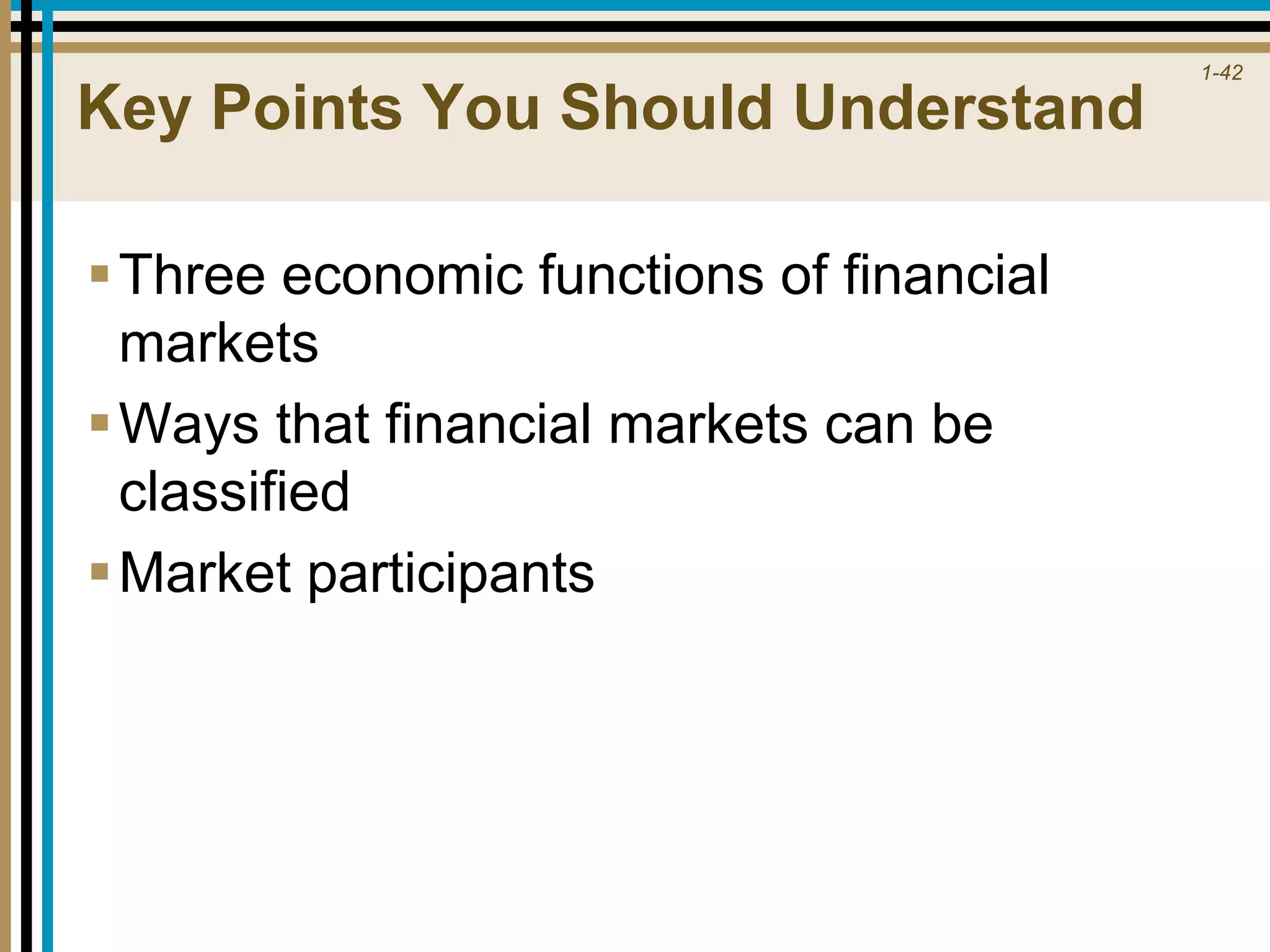 1-42
Key Points You Should Understand
Three economic functions of financial
markets
Ways that financial markets can be
classified
Market participants
 