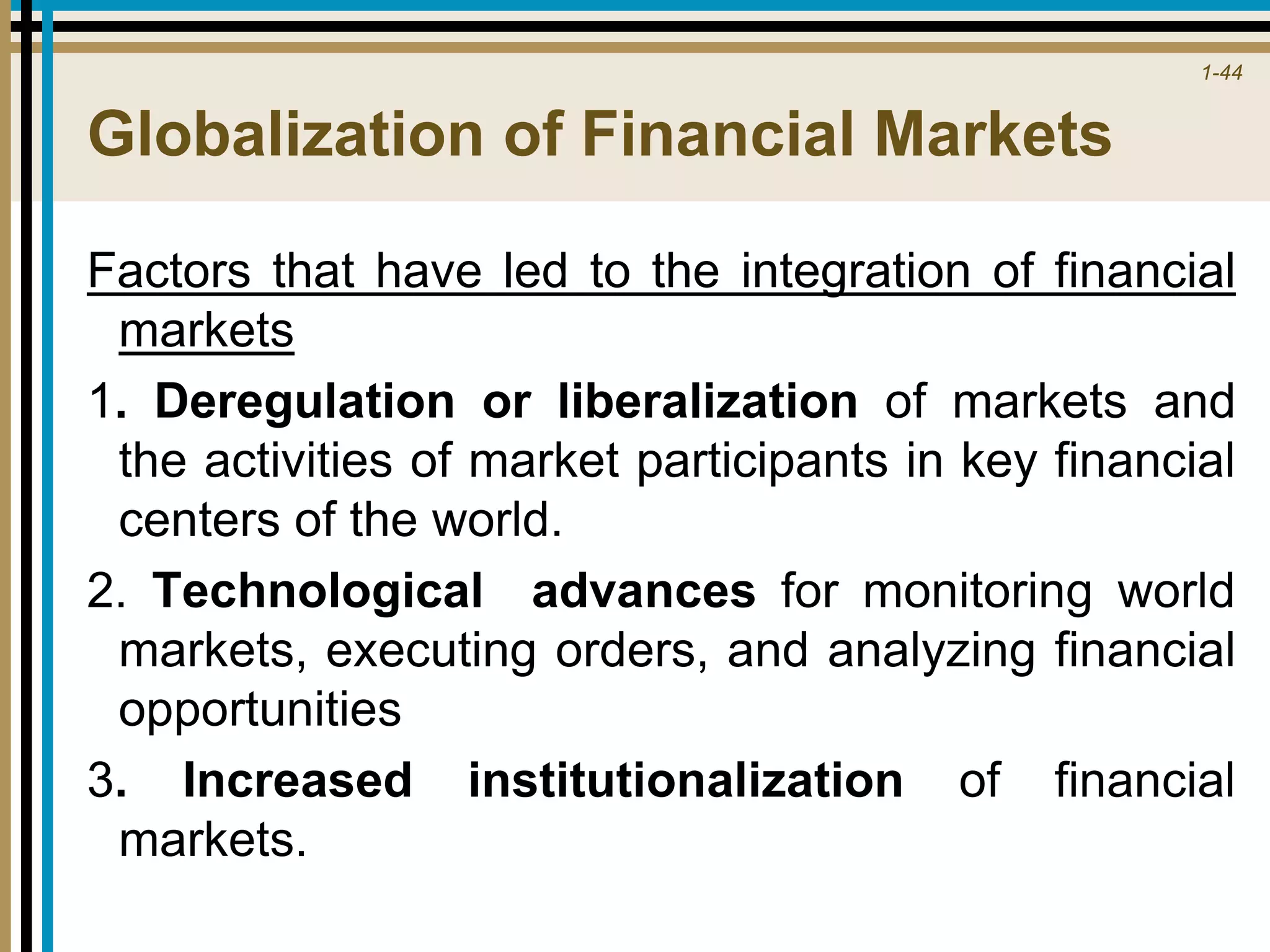 1-44
Globalization of Financial Markets
Factors that have led to the integration of financial
markets
1. Deregulation or liberalization of markets and
the activities of market participants in key financial
centers of the world.
2. Technological advances for monitoring world
markets, executing orders, and analyzing financial
opportunities
3. Increased institutionalization of financial
markets.
 