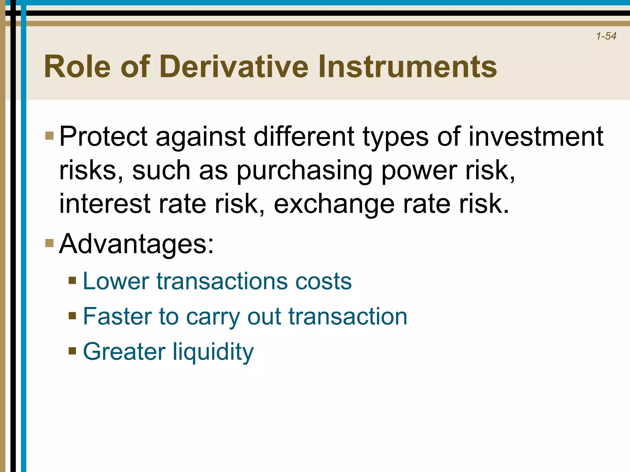 1-54
Role of Derivative Instruments
Protect against different types of investment
risks, such as purchasing power risk,
interest rate risk, exchange rate risk.
Advantages:
 Lower transactions costs
 Faster to carry out transaction
 Greater liquidity
 
