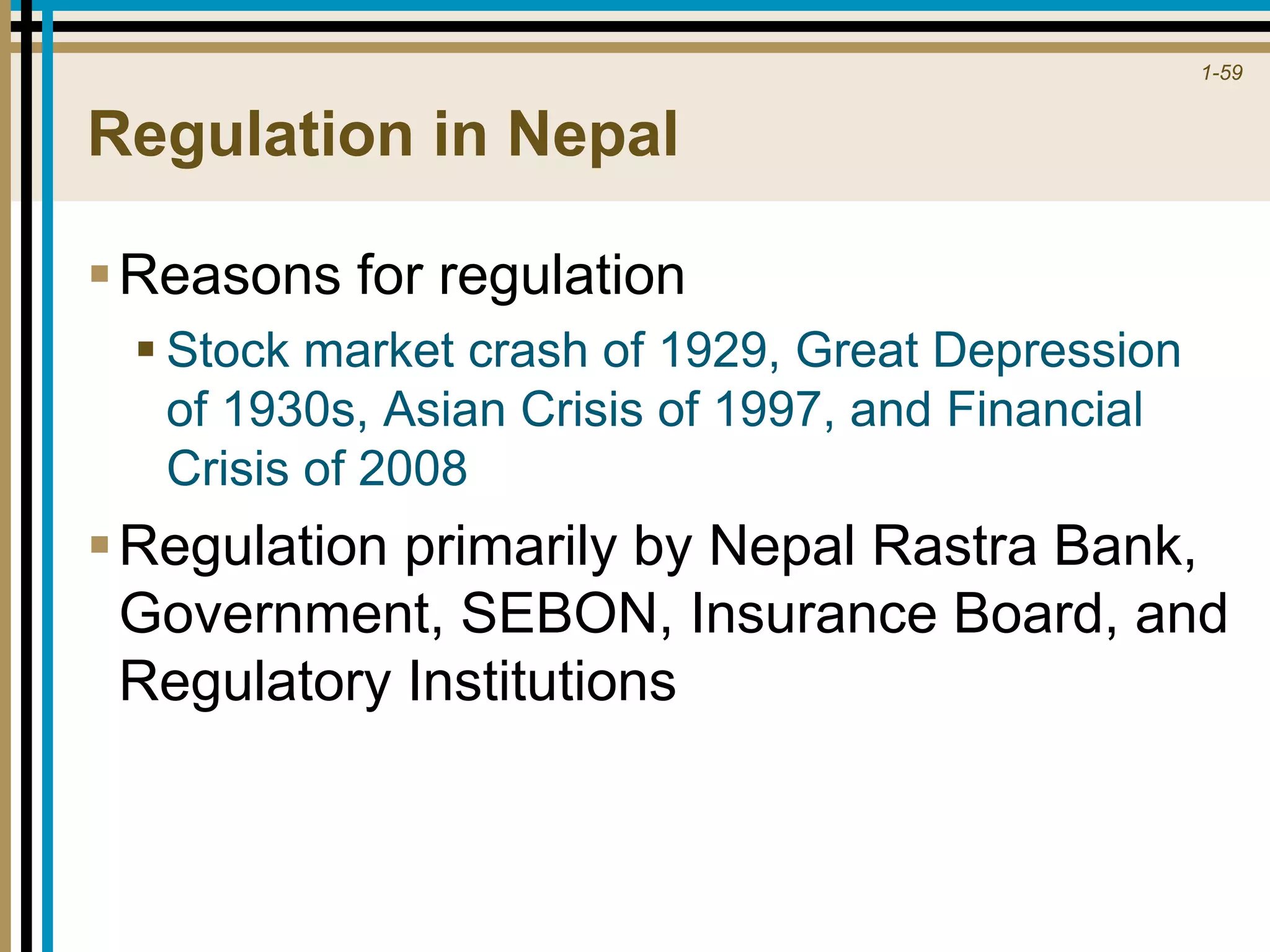 1-59
Regulation in Nepal
Reasons for regulation
 Stock market crash of 1929, Great Depression
of 1930s, Asian Crisis of 1997, and Financial
Crisis of 2008
Regulation primarily by Nepal Rastra Bank,
Government, SEBON, Insurance Board, and
Regulatory Institutions
 