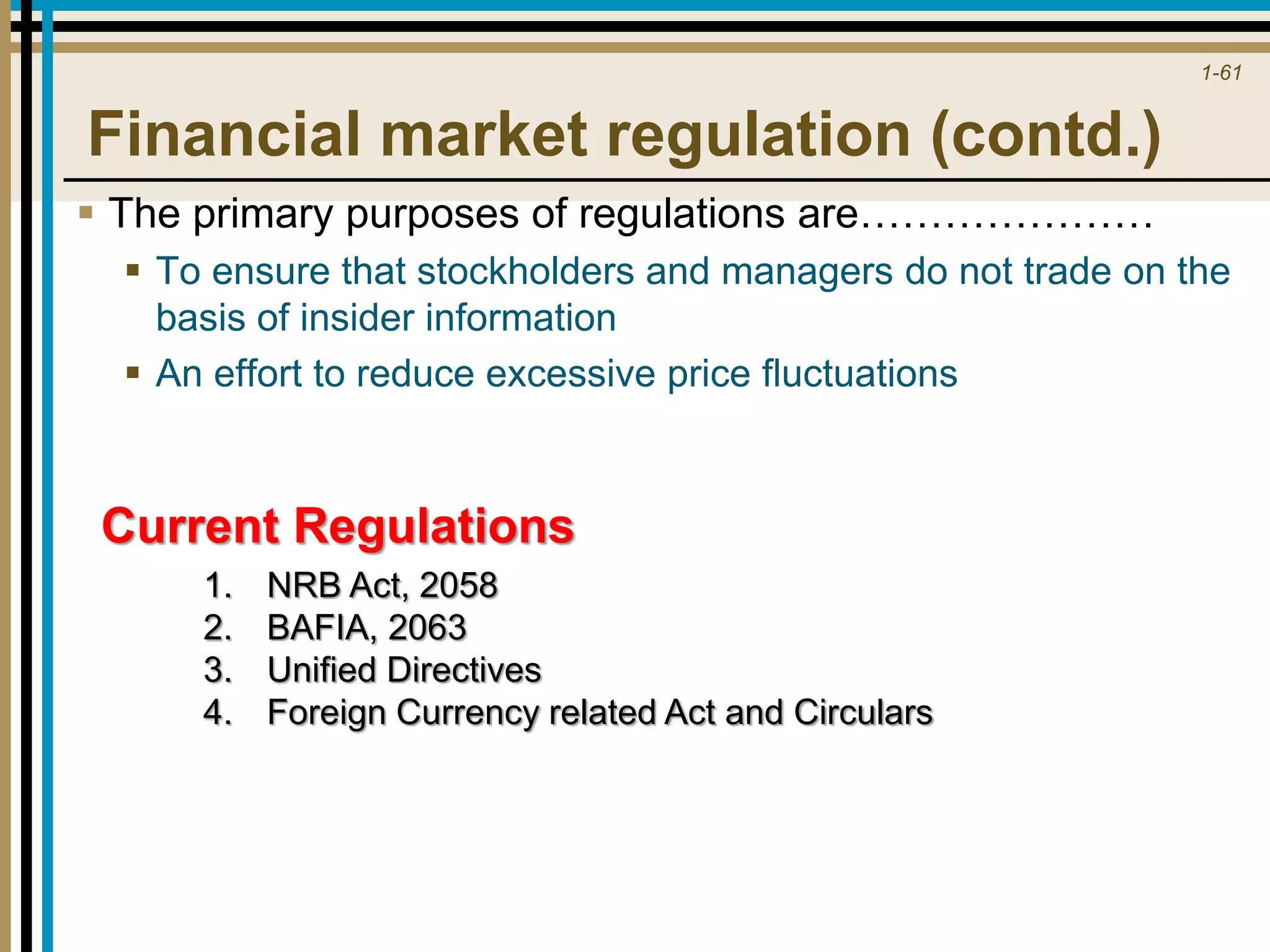 1-61
Financial market regulation (contd.)
 The primary purposes of regulations are…………………
 To ensure that stockholders and managers do not trade on the
basis of insider information
 An effort to reduce excessive price fluctuations
Current Regulations
1. NRB Act, 2058
2. BAFIA, 2063
3. Unified Directives
4. Foreign Currency related Act and Circulars
 