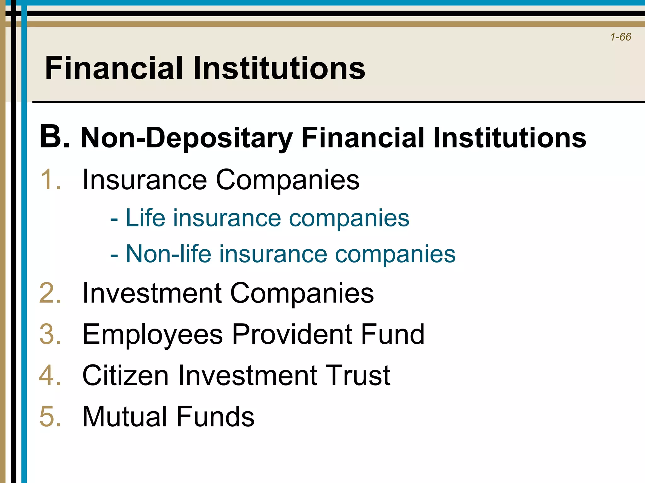 1-66
Financial Institutions
B. Non-Depositary Financial Institutions
1. Insurance Companies
- Life insurance companies
- Non-life insurance companies
2. Investment Companies
3. Employees Provident Fund
4. Citizen Investment Trust
5. Mutual Funds
 