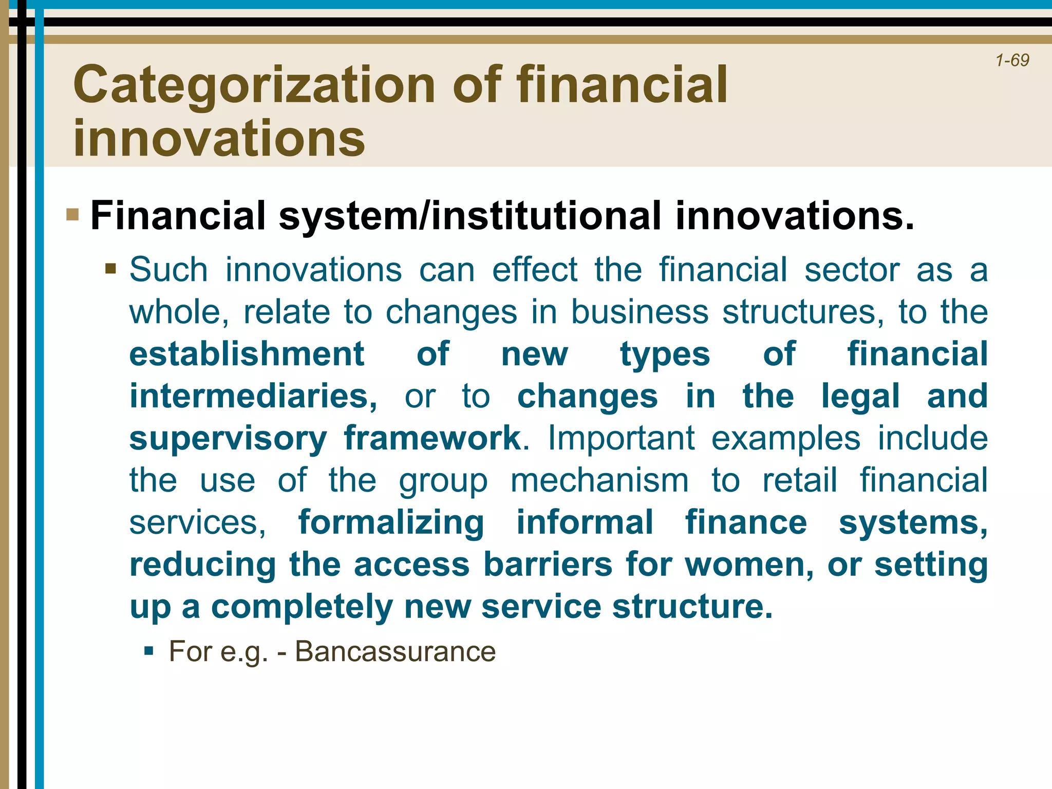 1-69
Categorization of financial
innovations
 Financial system/institutional innovations.
 Such innovations can effect the financial sector as a
whole, relate to changes in business structures, to the
establishment of new types of financial
intermediaries, or to changes in the legal and
supervisory framework. Important examples include
the use of the group mechanism to retail financial
services, formalizing informal finance systems,
reducing the access barriers for women, or setting
up a completely new service structure.
 For e.g. - Bancassurance
 