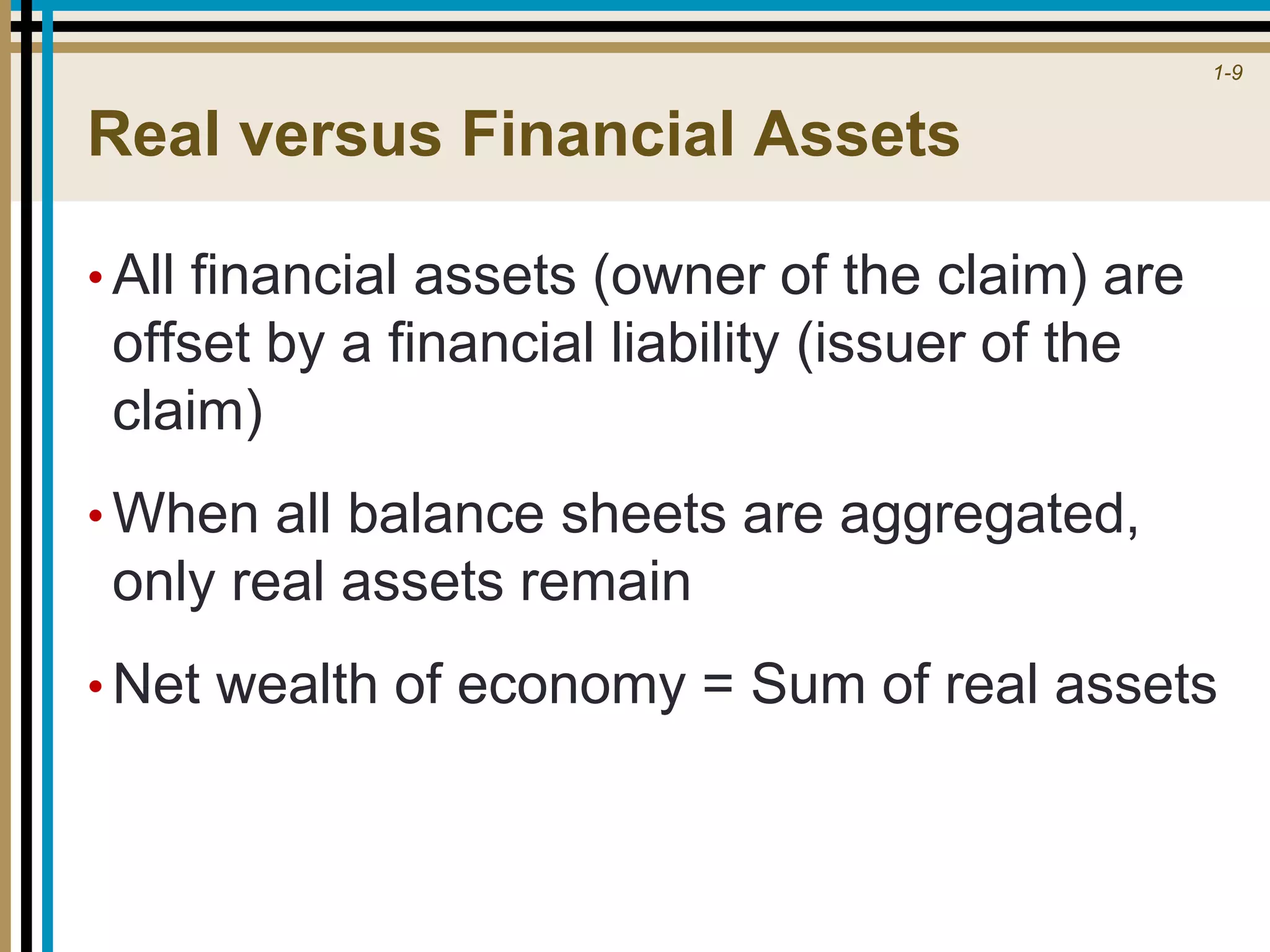 1-9
Real versus Financial Assets
• All financial assets (owner of the claim) are
offset by a financial liability (issuer of the
claim)
• When all balance sheets are aggregated,
only real assets remain
• Net wealth of economy = Sum of real assets
 