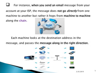  For instance, when you send an email message from your
account at your ISP, the message does not go directly from one
machine to another but rather it hops from machine to machine
along the chain.
Each machine looks at the destination address in the
message, and passes the message along in the right direction.
2/25/2019
5
 