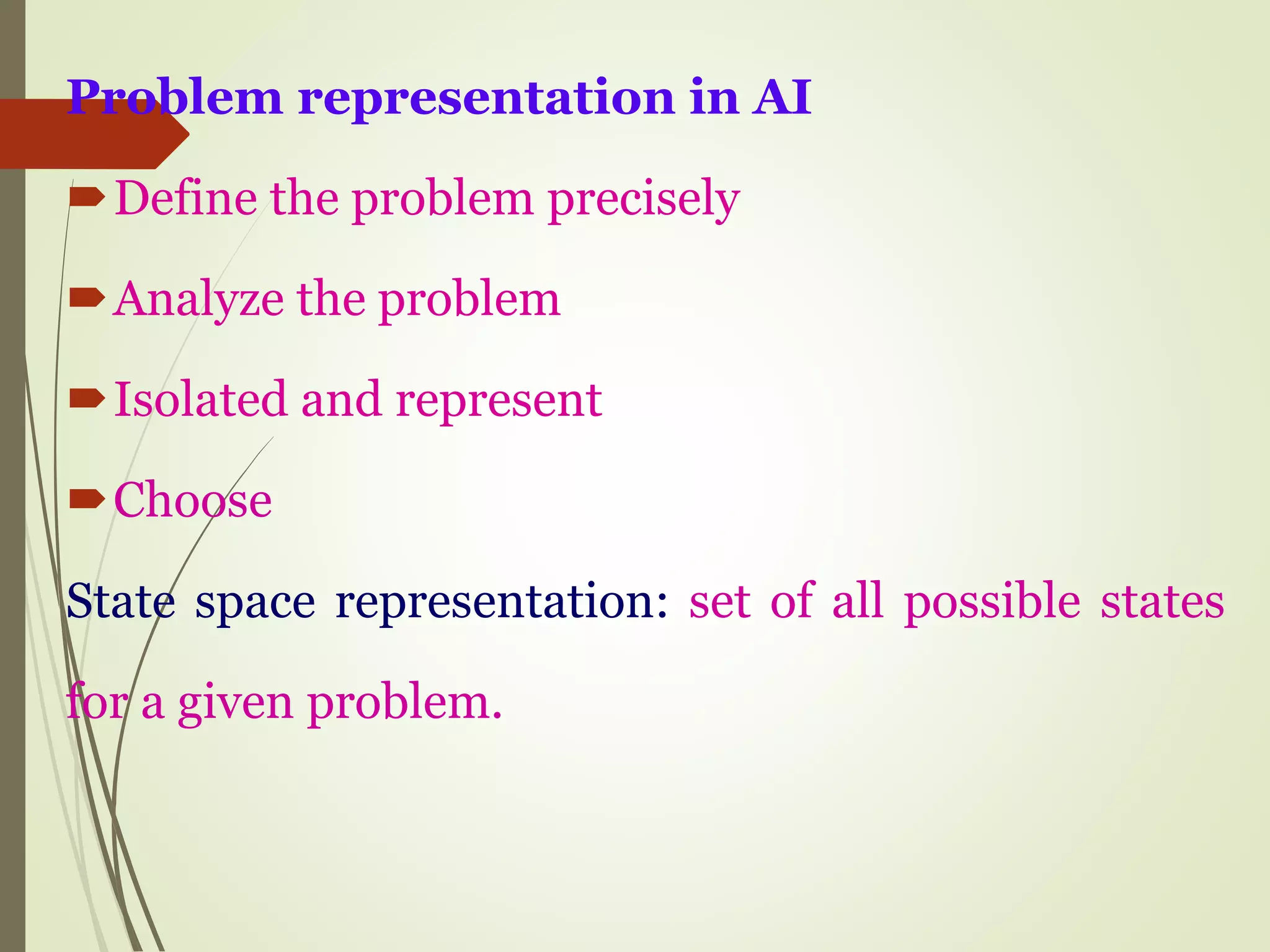 Problem representation in AI
Define the problem precisely
Analyze the problem
Isolated and represent
Choose
State space representation: set of all possible states
for a given problem.
 