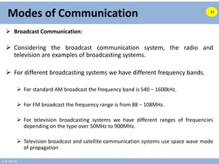 A. B. Shinde
Modes of Communication
 Broadcast Communication:
 Considering the broadcast communication system, the radio and
television are examples of broadcasting systems.
 For different broadcasting systems we have different frequency bands.
 For standard AM broadcast the frequency band is 540 − 1600kHz.
 For FM broadcast the frequency range is from 88 − 108MHz.
 For television broadcasting systems we have different ranges of frequencies
depending on the type over 50MHz to 900MHz.
 Television broadcast and satellite communication systems use space wave mode
of propagation
21
 