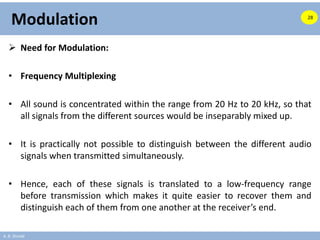 A. B. Shinde
Modulation
 Need for Modulation:
• Frequency Multiplexing
• All sound is concentrated within the range from 20 Hz to 20 kHz, so that
all signals from the different sources would be inseparably mixed up.
• It is practically not possible to distinguish between the different audio
signals when transmitted simultaneously.
• Hence, each of these signals is translated to a low-frequency range
before transmission which makes it quite easier to recover them and
distinguish each of them from one another at the receiver’s end.
28
 