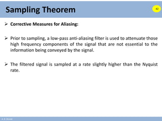 A. B. Shinde
Sampling Theorem
 Corrective Measures for Aliasing:
 Prior to sampling, a low-pass anti-aliasing filter is used to attenuate those
high frequency components of the signal that are not essential to the
information being conveyed by the signal.
 The filtered signal is sampled at a rate slightly higher than the Nyquist
rate.
42
 