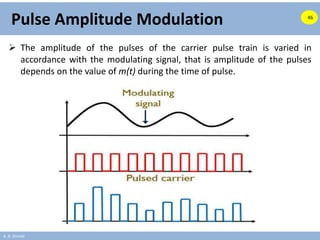 A. B. Shinde
Pulse Amplitude Modulation
 The amplitude of the pulses of the carrier pulse train is varied in
accordance with the modulating signal, that is amplitude of the pulses
depends on the value of m(t) during the time of pulse.
46
 
