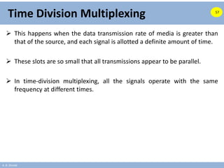 A. B. Shinde
Time Division Multiplexing
 This happens when the data transmission rate of media is greater than
that of the source, and each signal is allotted a definite amount of time.
 These slots are so small that all transmissions appear to be parallel.
 In time-division multiplexing, all the signals operate with the same
frequency at different times.
57
 