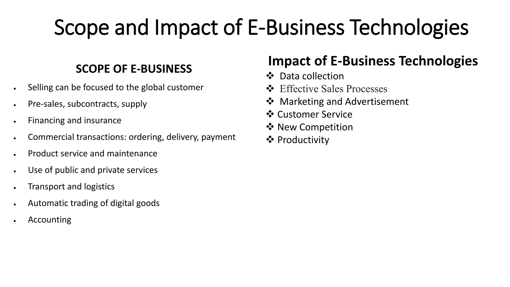 Scope and Impact of E-Business Technologies
SCOPE OF E-BUSINESS
 Selling can be focused to the global customer
 Pre-sales, subcontracts, supply
 Financing and insurance
 Commercial transactions: ordering, delivery, payment
 Product service and maintenance
 Use of public and private services
 Transport and logistics
 Automatic trading of digital goods
 Accounting
Impact of E-Business Technologies
 Data collection
 Effective Sales Processes
 Marketing and Advertisement
 Customer Service
 New Competition
 Productivity
 