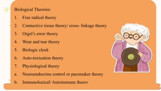 Biological Theories:
1. Free radical theory
2. Connective tissue theory/ cross- linkage theory
3. Orgel’s error theory
4. Wear and tear theory
5. Biologic clock
6. Auto-toxication theory
7. Physiological theory
a. Neuroendocrine control or pacemaker theory
b. Immunological/ Autoimmune theory
 