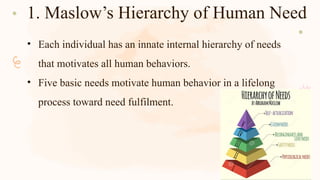 1. Maslow’s Hierarchy of Human Need
• Each individual has an innate internal hierarchy of needs
that motivates all human behaviors.
• Five basic needs motivate human behavior in a lifelong
process toward need fulfilment.
 