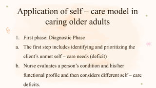 Application of self – care model in
caring older adults
1. First phase: Diagnostic Phase
a. The first step includes identifying and prioritizing the
client’s unmet self – care needs (deficit)
b. Nurse evaluates a person’s condition and his/her
functional profile and then considers different self – care
deficits.
 