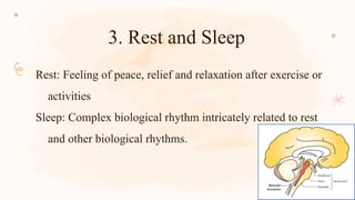 3. Rest and Sleep
Rest: Feeling of peace, relief and relaxation after exercise or
activities
Sleep: Complex biological rhythm intricately related to rest
and other biological rhythms.
 