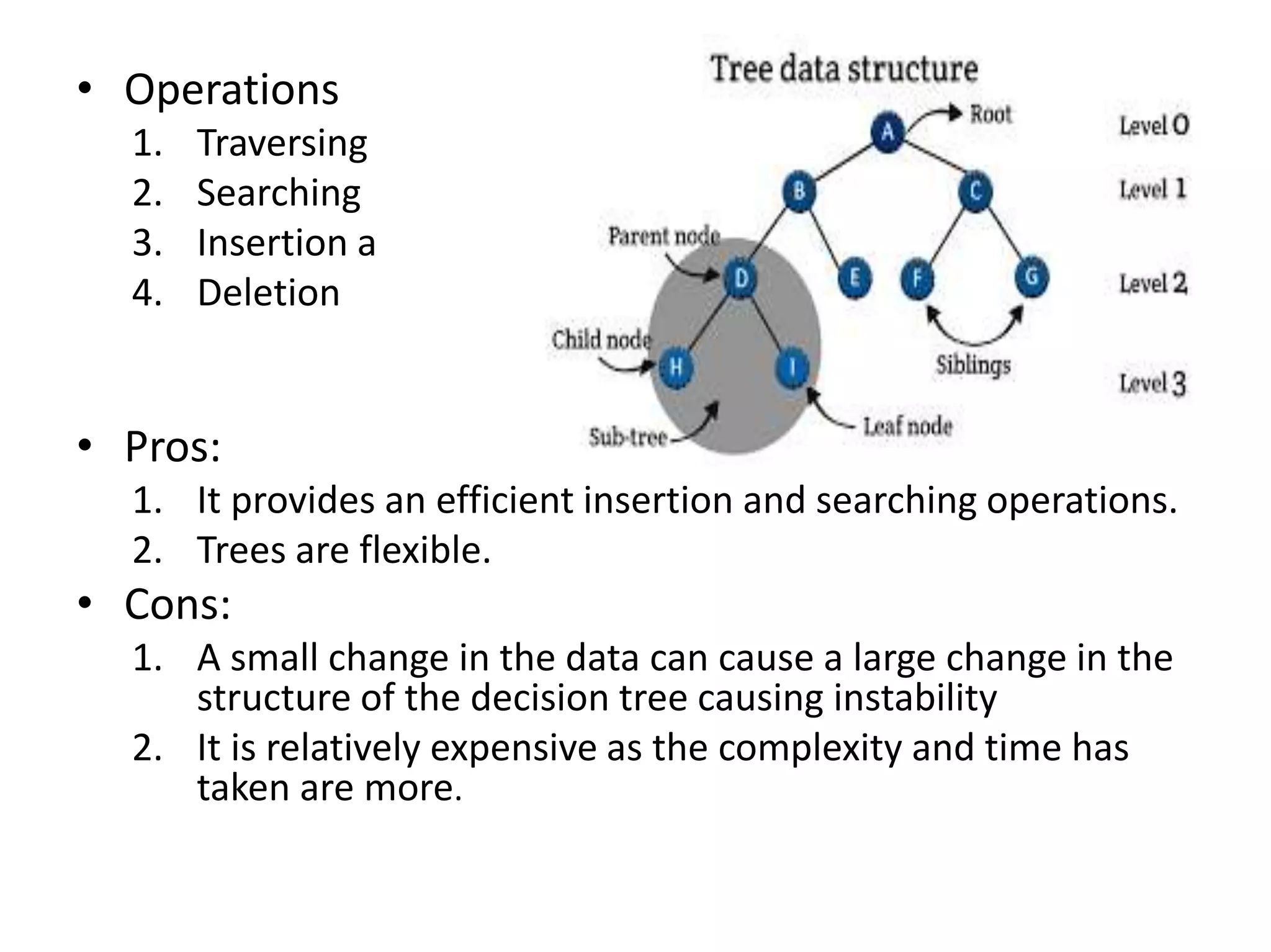 • Operations
1. Traversing
2. Searching
3. Insertion a
4. Deletion
• Pros:
1. It provides an efficient insertion and searching operations.
2. Trees are flexible.
• Cons:
1. A small change in the data can cause a large change in the
structure of the decision tree causing instability
2. It is relatively expensive as the complexity and time has
taken are more.
 