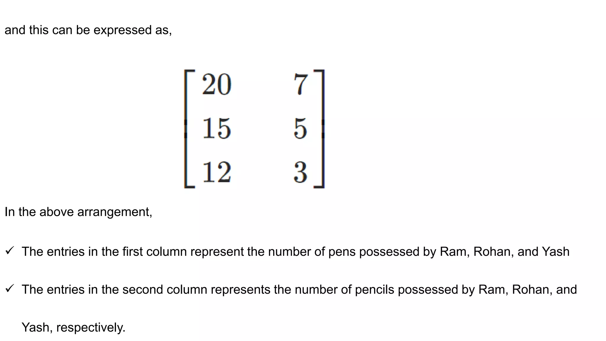 and this can be expressed as,
In the above arrangement,
 The entries in the first column represent the number of pens possessed by Ram, Rohan, and Yash
 The entries in the second column represents the number of pencils possessed by Ram, Rohan, and
Yash, respectively.
 
