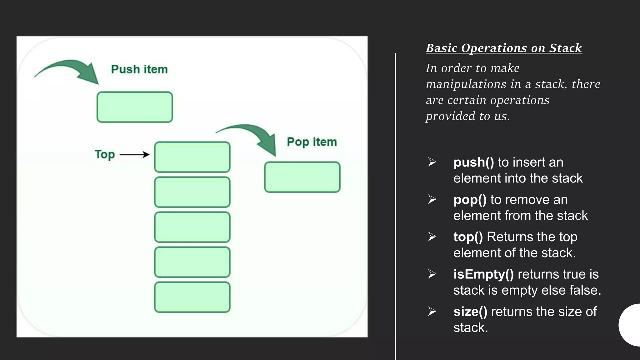 Basic Operations on Stack
In order to make
manipulations in a stack, there
are certain operations
provided to us.
 push() to insert an
element into the stack
 pop() to remove an
element from the stack
 top() Returns the top
element of the stack.
 isEmpty() returns true is
stack is empty else false.
 size() returns the size of
stack.
 
