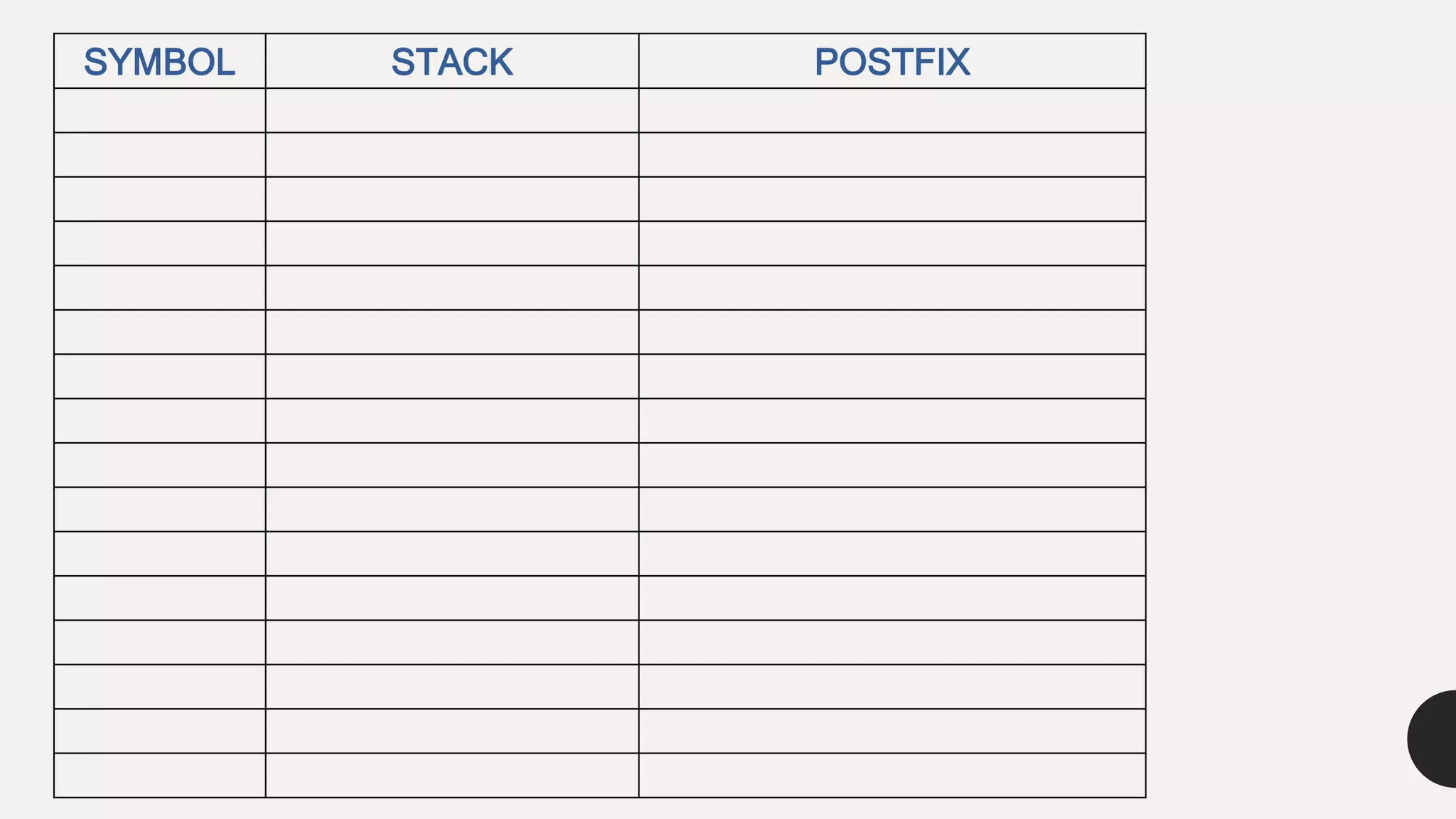 SYMBOL STACK POSTFIX
 