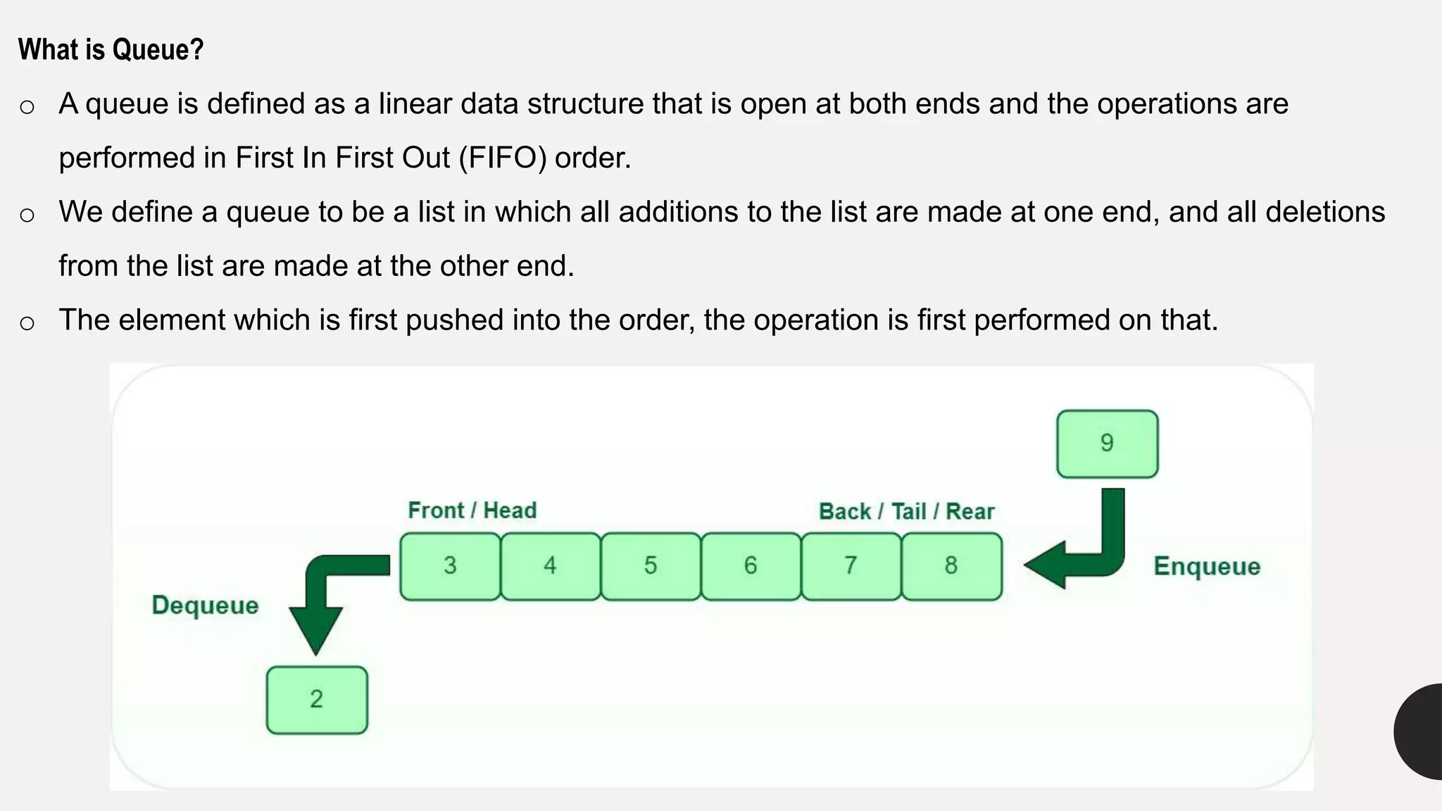 What is Queue?
o A queue is defined as a linear data structure that is open at both ends and the operations are
performed in First In First Out (FIFO) order.
o We define a queue to be a list in which all additions to the list are made at one end, and all deletions
from the list are made at the other end.
o The element which is first pushed into the order, the operation is first performed on that.
 
