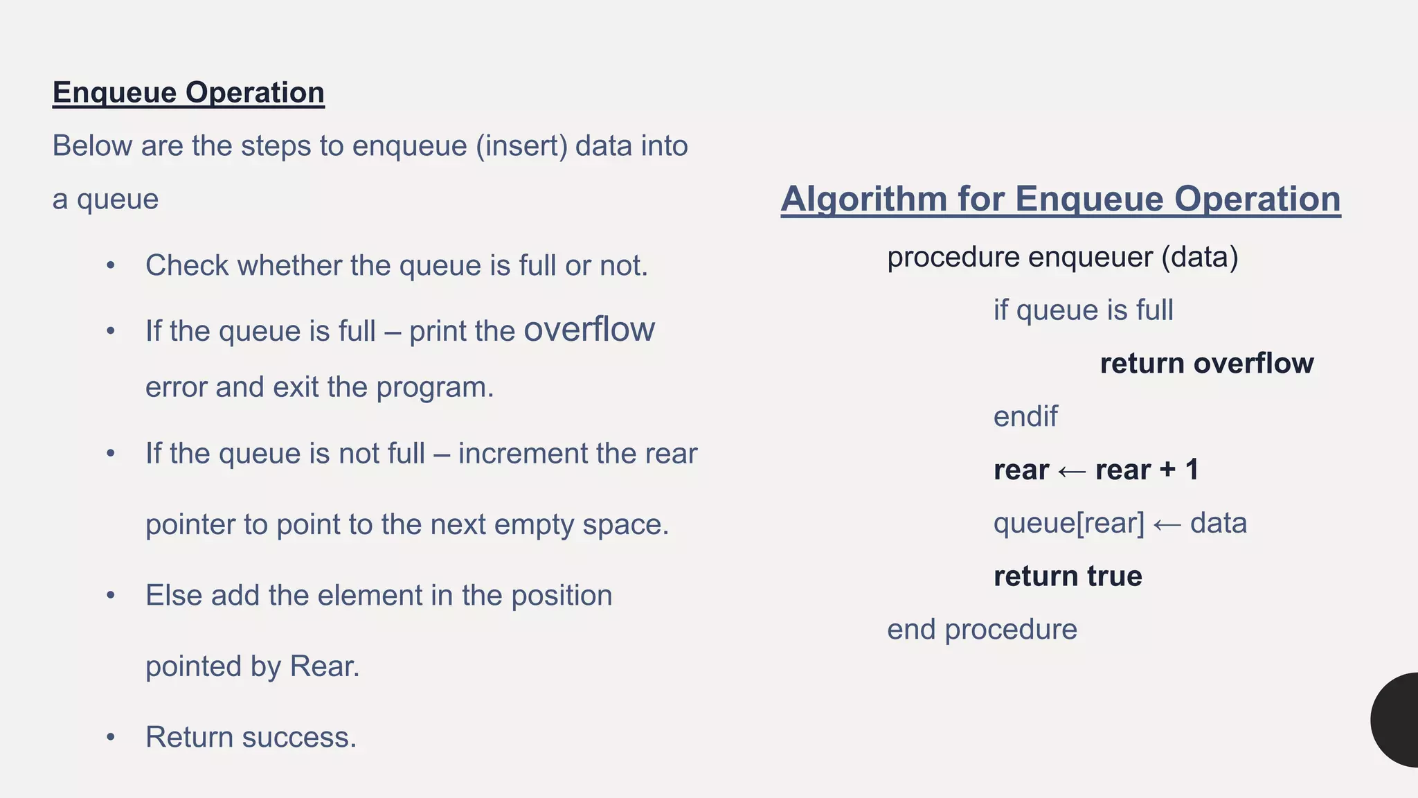 Enqueue Operation
Below are the steps to enqueue (insert) data into
a queue
• Check whether the queue is full or not.
• If the queue is full – print the overflow
error and exit the program.
• If the queue is not full – increment the rear
pointer to point to the next empty space.
• Else add the element in the position
pointed by Rear.
• Return success.
Algorithm for Enqueue Operation
procedure enqueuer (data)
if queue is full
return overflow
endif
rear ← rear + 1
queue[rear] ← data
return true
end procedure
 