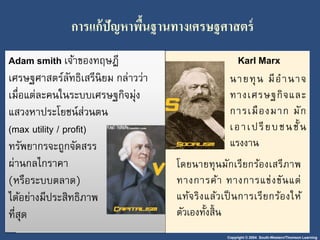 Copyright © 2004 South-Western/Thomson Learning
นายทุน มีอานาจ
ทางเศรษฐกิจและ
การเมืองมาก มัก
เอาเปรียบชนชั้น
แรงงาน
กำรแก้ปัญหำพื้นฐำนทำงเศรษฐศำสตร์
Adam smith เจ้าของทฤษฎี
เศรษฐศาสตร์ลัทธิเสรีนิยม กล่าวว่า
เมื่อแต่ละคนในระบบเศรษฐกิจมุ่ง
แสวงหาประโยชน์ส่วนตน
(max utility / profit)
ทรัพยากรจะถูกจัดสรร
ผ่านกลไกราคา
(หรือระบบตลาด)
ได้อย่างมีประสิทธิภาพ
ที่สุด
Karl Marx
โดยนายทุนมักเรียกร้องเสรีภาพ
ทางการค้า ทางการแข่งขันแต่
แท้จริงแล้วเป็ นการเรียกร้องให้
ตัวเองทั้งสิ้น
 
