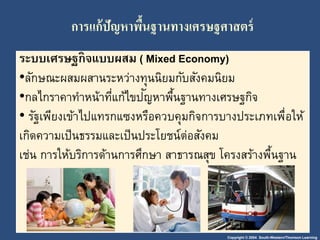 Copyright © 2004 South-Western/Thomson Learning
กำรแก้ปัญหำพื้นฐำนทำงเศรษฐศำสตร์
ระบบเศรษฐกิจแบบผสม ( Mixed Economy)
•ลักษณะผสมผสานระหว่างทุนนิยมกับสังคมนิยม
•กลไกราคาทาหน้าที่แก้ไขปัญหาพื้นฐานทางเศรษฐกิจ
• รัฐเพียงเข้าไปแทรกแซงหรือควบคุมกิจการบางประเภทเพื่อให้
เกิดความเป็นธรรมและเป็นประโยชน์ต่อสังคม
เช่น การให้บริการด้านการศึกษา สาธารณสุข โครงสร้างพื้นฐาน
 