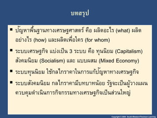 Copyright © 2004 South-Western/Thomson Learning
บทสรุป
 ปัญหำพื้นฐำนทำงเศรษฐศำสตร์ คือ ผลิตอะไร (what) ผลิต
อย่ำงไร (how) และผลิตเพื่อใคร (for whom)
 ระบบเศรษฐกิจ แบ่งเป็น 3 ระบบ คือ ทุนนิยม (Capitalism)
สังคมนิยม (Socialism) และ แบบผสม (Mixed Economy)
 ระบบทุนนิยม ใช้กลไกรำคำในกำรแก้ปัญหำทำงเศรษฐกิจ
 ระบบสังคมนิยม กลไกรำคำมีบทบำทน้อย รัฐจะเป็นผู้วำงแผน
ควบคุมดำเนินกำรกิจกรรมทำงเศรษฐกิจเป็นส่วนใหญ่
 
