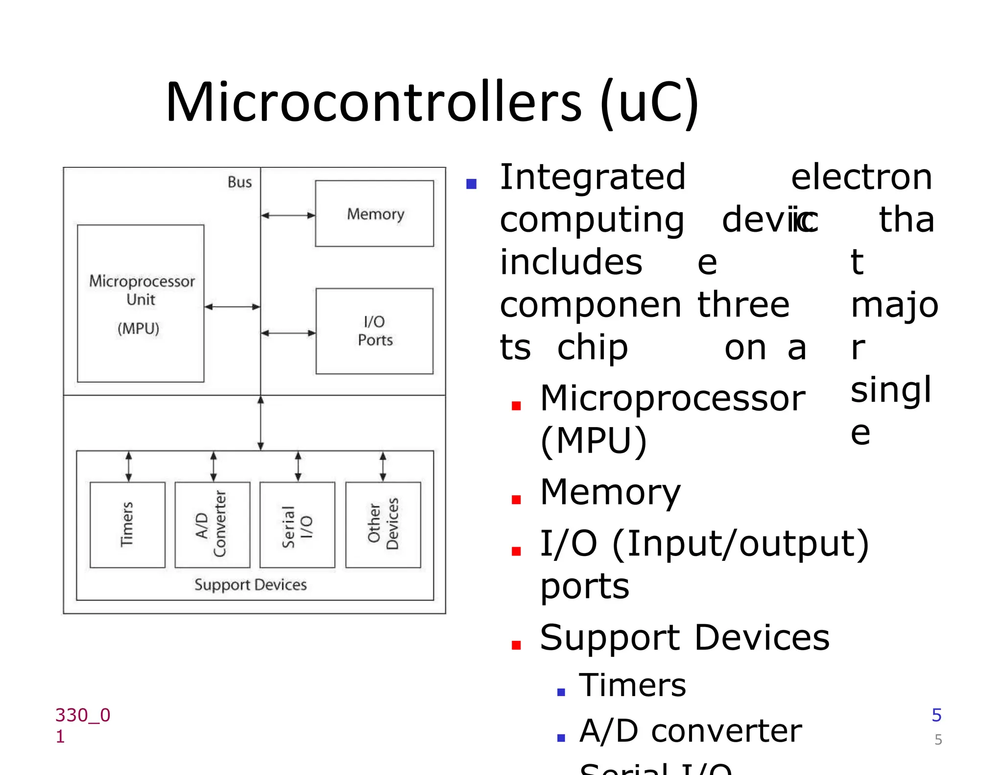 Microcontrollers (uC)
5
electron
ic
devic
e
three
on a
tha
t
majo
r
singl
e
■ Integrated
computing
includes
componen
ts chip
■ Microprocessor
(MPU)
■ Memory
■ I/O (Input/output)
ports
■ Support Devices
■ Timers
■ A/D converter
330_0
1
5
 
