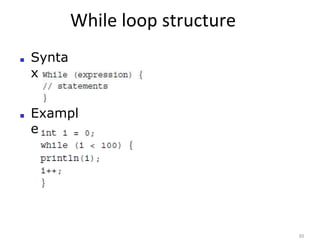 While loop structure
30
■ Synta
x
■ Exampl
e
 