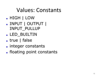 Values: Constants
36
■ HIGH | LOW
■ INPUT | OUTPUT |
INPUT_PULLUP
■ LED_BUILTIN
■ true | false
■ integer constants
■ floating point constants
 